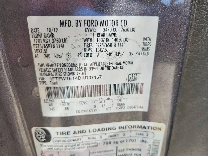 67699906 :رقم المزاد ، 1FTFW1ET4DKD37167 vin ، 2013 Ford F150 مزاد بيع