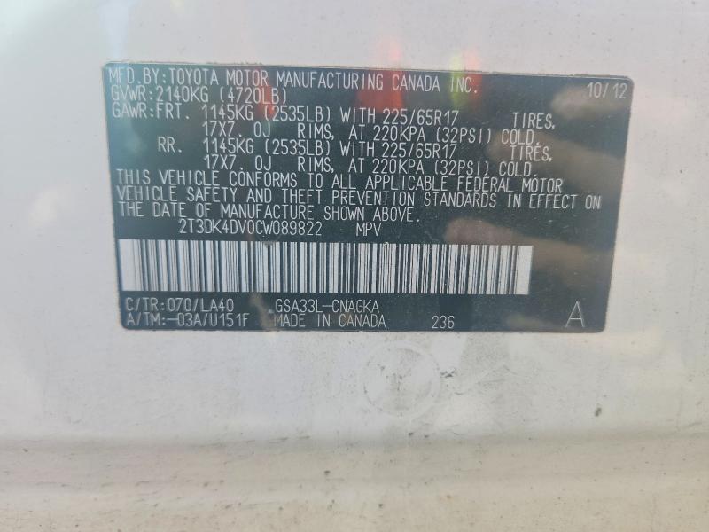 Aukcja sprzedaży 2012 Toyota Rav4, vin: 2T3DK4DV0CW089822, numer aukcji: 69240356