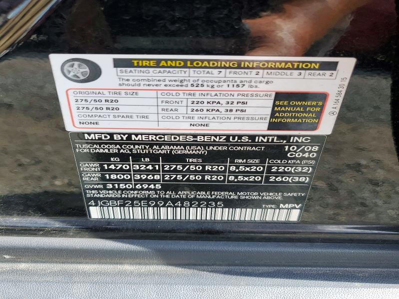 2009 Mercedes-benz Gl მანქანა იყიდება აუქციონზე, vin: 4JGBF25E99A482235, აუქციონის ნომერი: 68417556
