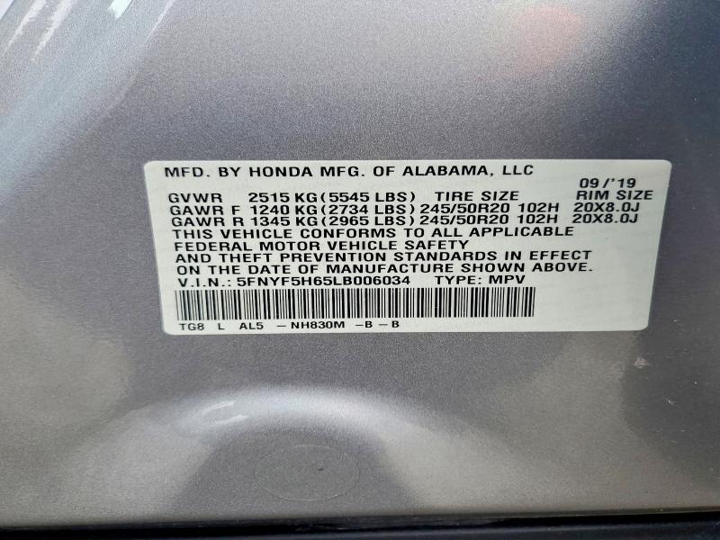 Aukcja sprzedaży 2020 Honda Pilot, vin: 5FNYF5H65LB006034, numer aukcji: 70274426