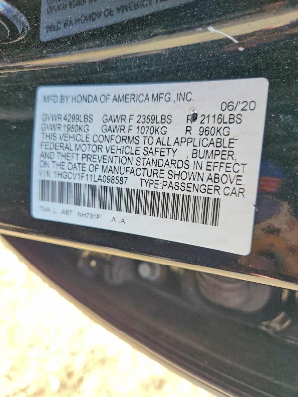 Auction sale of the 2020 Honda Accord, vin: 1HGCV1F11LA098587, lot number: 69063226