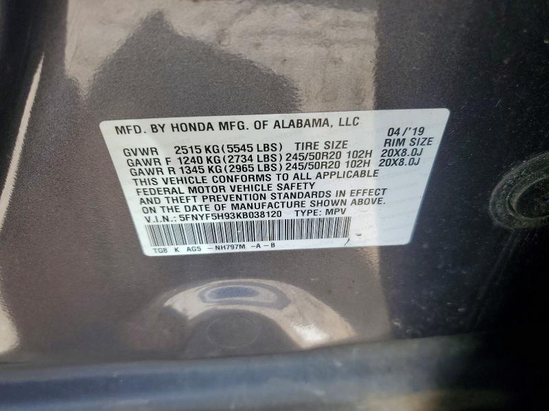 Продаж на аукціоні авто 2019 Honda Pilot, vin: 5FNYF5H93KB038120, номер лоту: 70334566