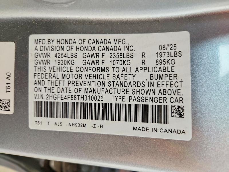 Продажа на аукционе авто 2026 Honda Civic, vin: 2HGFE4F88TH310026, номер лота: 66453716