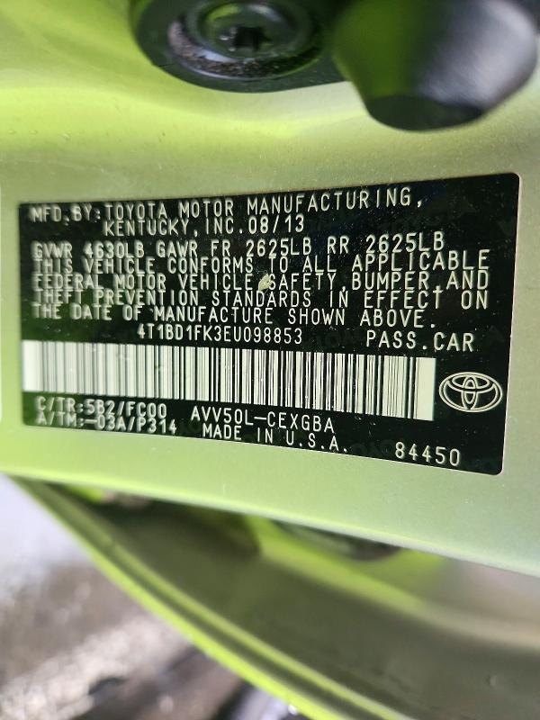 2014 Toyota Camry Hybrid მანქანა იყიდება აუქციონზე, vin: 4T1BD1FK3EU098853, აუქციონის ნომერი: 72193686
