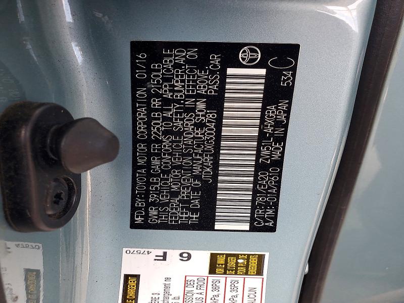 Aukcja sprzedaży 2016 Toyota Prius, vin: JTDKARFUXG3004781, numer aukcji: 67660996