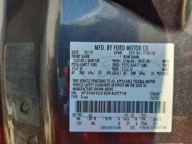 68499296 :رقم المزاد ، 1FTFW1CF3DFA37710 vin ، 2013 Ford F150 مزاد بيع