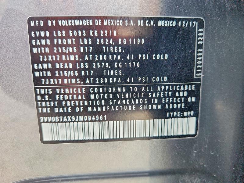 67165126 :رقم المزاد ، 3VV0B7AX9JM094961 vin ، 2018 Volkswagen Tiguan مزاد بيع
