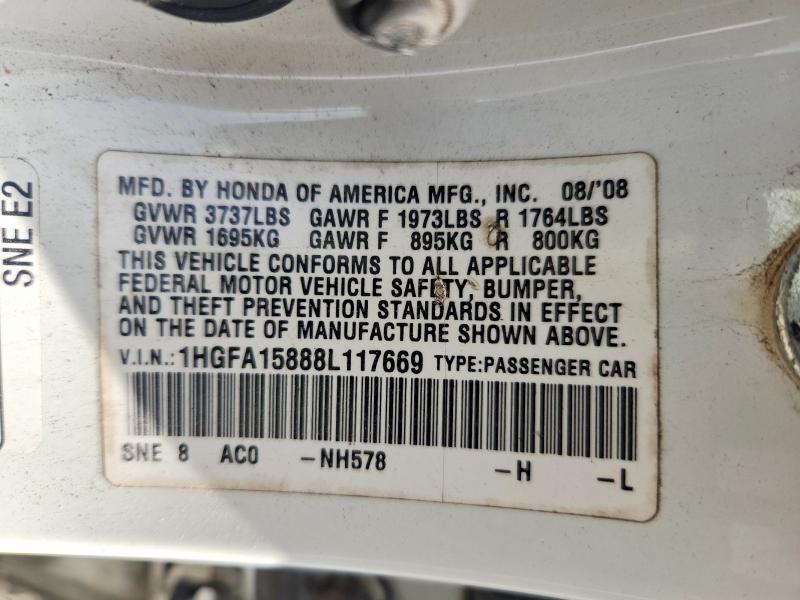2008 Honda Civic მანქანა იყიდება აუქციონზე, vin: 1HGFA15888L117669, აუქციონის ნომერი: 67813166