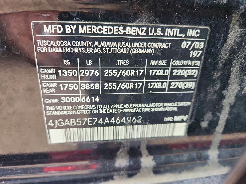 2004 Mercedes-benz Ml მანქანა იყიდება აუქციონზე, vin: 4JGAB57E74A464962, აუქციონის ნომერი: 69769896