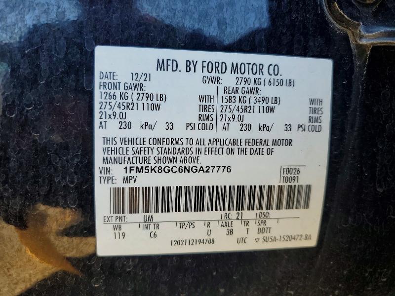 2022 Ford Explorer მანქანა იყიდება აუქციონზე, vin: 1FM5K8GC6NGA27776, აუქციონის ნომერი: 68014776