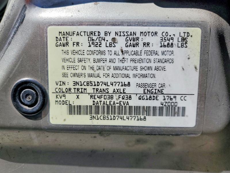 Aukcja sprzedaży 2004 Nissan Sentra, vin: 3N1CB51D74L477168, numer aukcji: 70615546