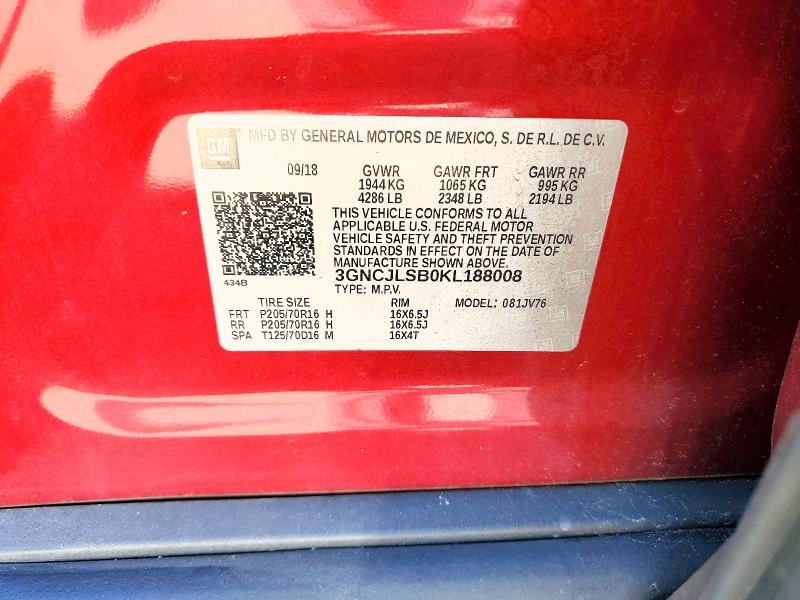 Продажа на аукционе авто 2019 Chevrolet Trax, vin: 3GNCJLSB0KL188008, номер лота: 70786066