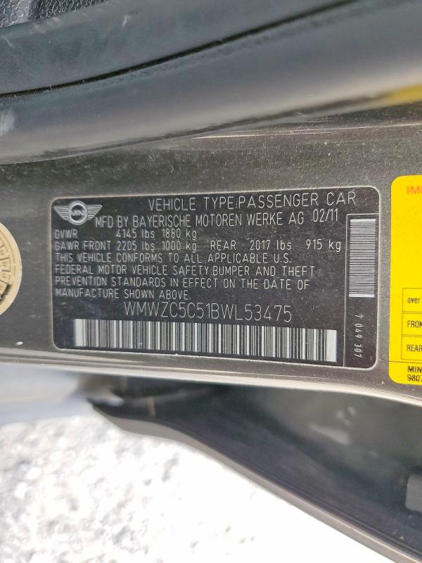 2011 Mini Cooper მანქანა იყიდება აუქციონზე, vin: WMWZC5C51BWL53475, აუქციონის ნომერი: 66963246