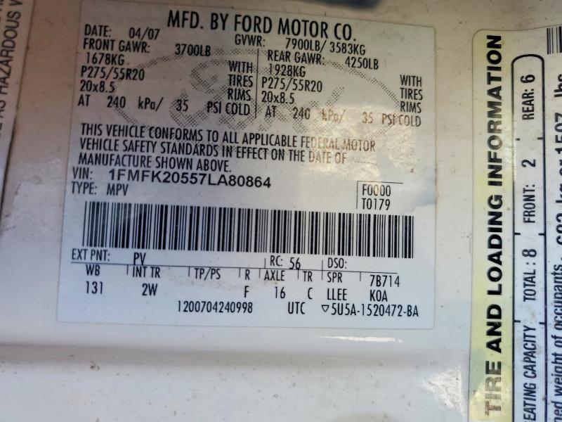 67933666 :رقم المزاد ، 1FMFK20557LA80864 vin ، 2007 Ford Expedition مزاد بيع