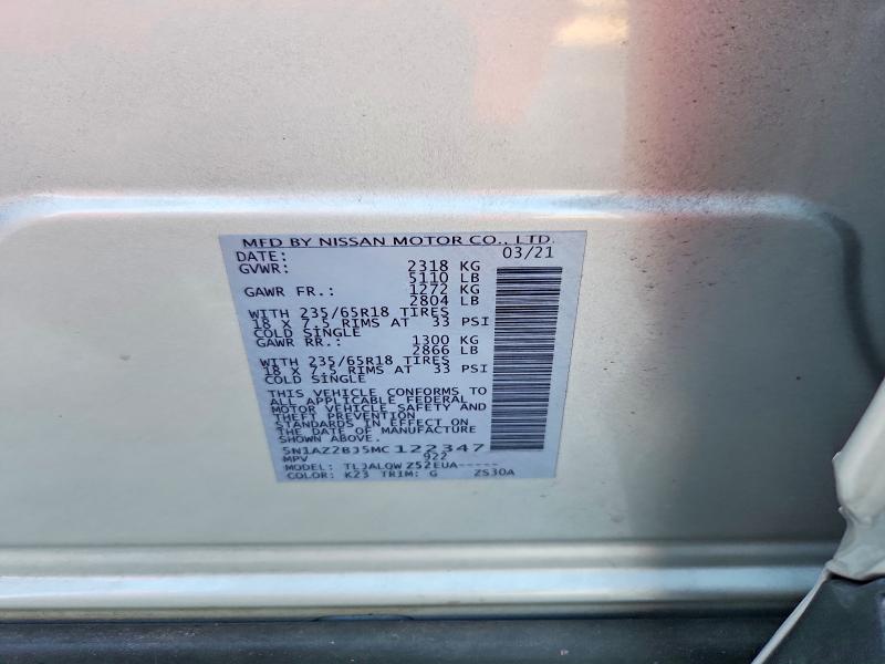 2021 Nissan Murano მანქანა იყიდება აუქციონზე, vin: 5N1AZ2BJ5MC122347, აუქციონის ნომერი: 67344516