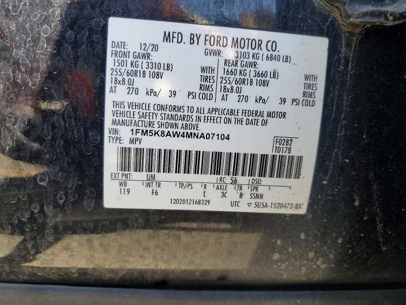 Aukcja sprzedaży 2021 Ford Explorer, vin: 1FM5K8AW4MNA07104, numer aukcji: 70329396
