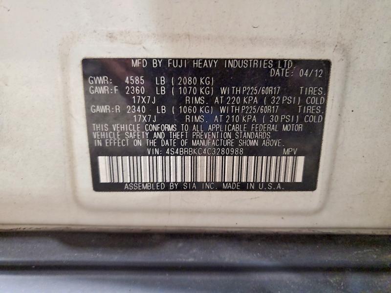 2012 Subaru Outback მანქანა იყიდება აუქციონზე, vin: 4S4BRBKC4C3280988, აუქციონის ნომერი: 70053906