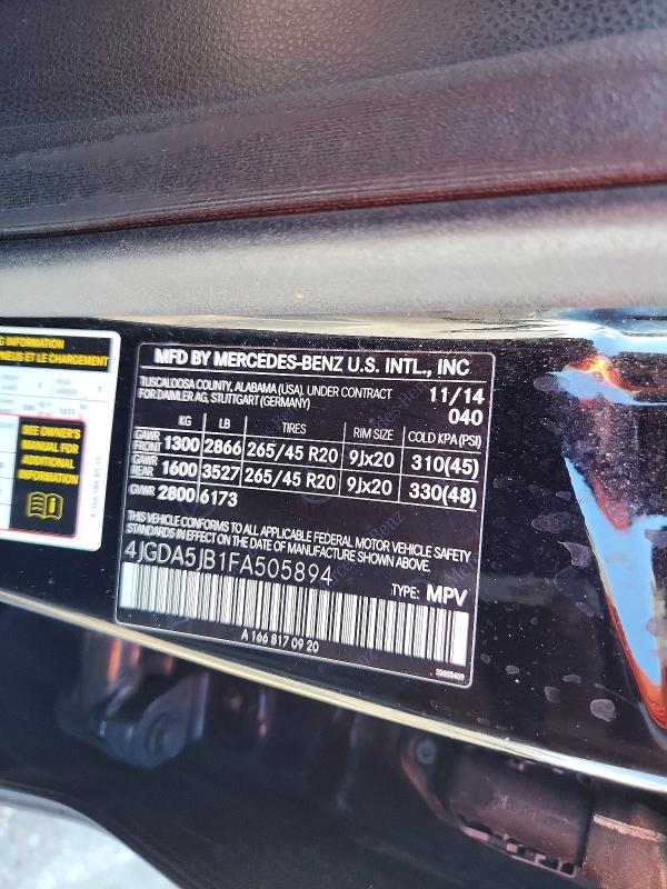 Продажа на аукционе авто 2015 Mercedes-benz Ml, vin: 4JGDA5JB1FA505894, номер лота: 69841766