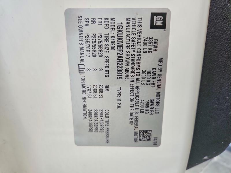67842146 :رقم المزاد ، 1GKUKMEF2AR223819 vin ، 2010 Gmc Yukon Xl مزاد بيع
