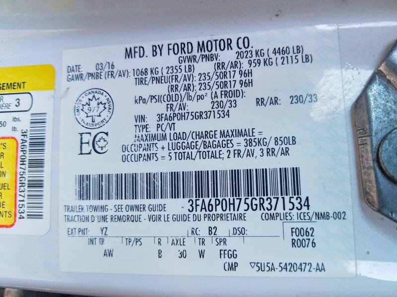 Aukcja sprzedaży 2016 Ford Fusion, vin: 3FA6P0H75GR371534, numer aukcji: 69222926