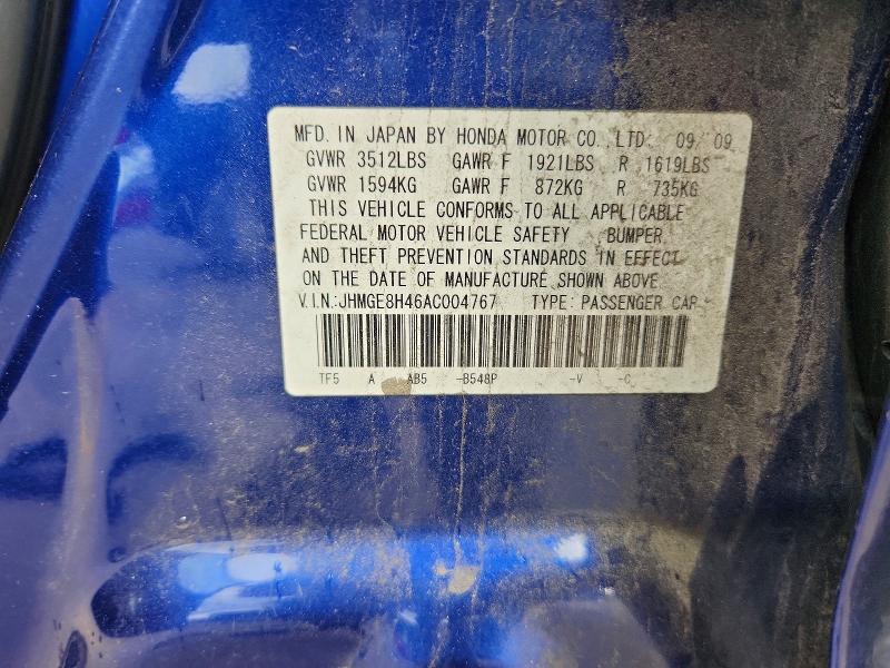 68845926 :رقم المزاد ، JHMGE8H46AC004767 vin ، 2010 Honda Fit مزاد بيع
