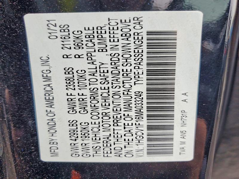 Aukcja sprzedaży 2021 Honda Accord, vin: 1HGCV1F16MA033249, numer aukcji: 70419826