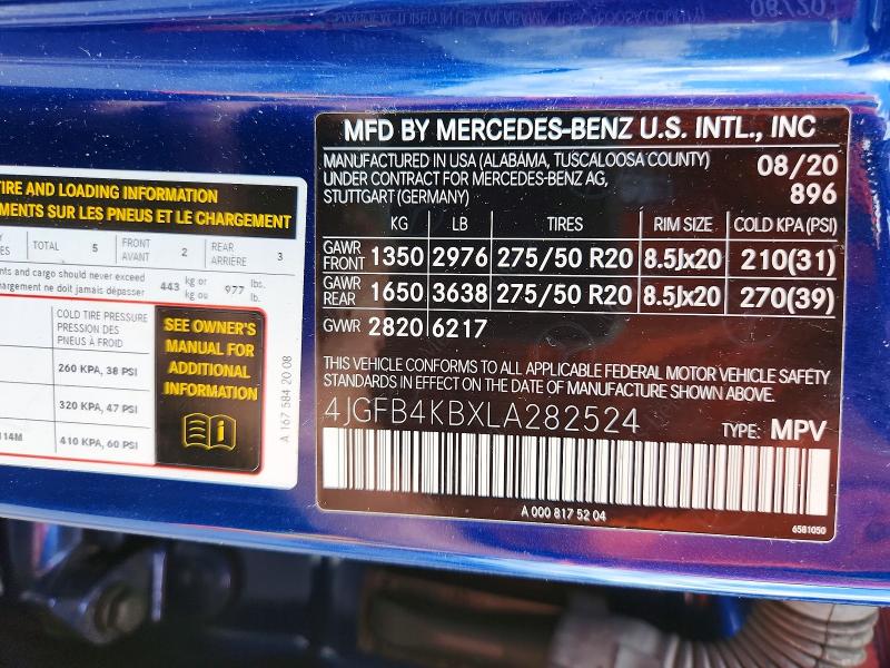 2020 Mercedes-benz Gle მანქანა იყიდება აუქციონზე, vin: 4JGFB4KBXLA282524, აუქციონის ნომერი: 69464326