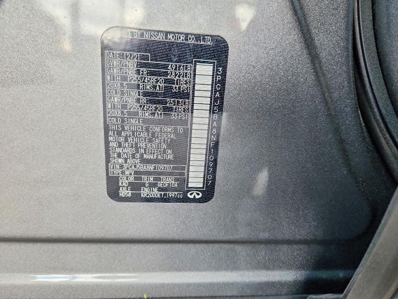70780586 :رقم المزاد ، 3PCAJ5BA8NF109707 vin ، 2022 Infiniti Qx50 مزاد بيع