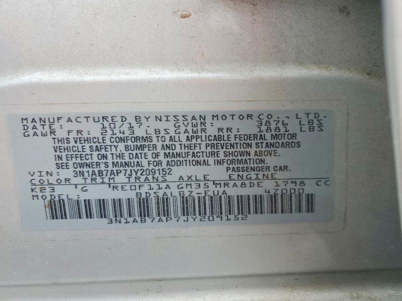 Aukcja sprzedaży 2018 Nissan Sentra, vin: 3N1AB7AP7JY209152, numer aukcji: 69599746