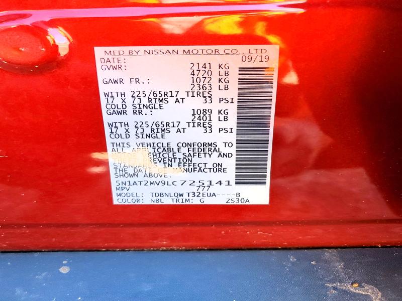 70100286 :رقم المزاد ، 5N1AT2MV9LC725141 vin ، 2020 Nissan Rogue مزاد بيع