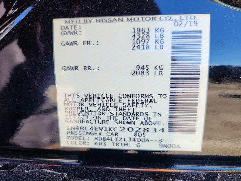 Aukcja sprzedaży 2019 Nissan Altima, vin: 1N4BL4EV1KC202834, numer aukcji: 68609306