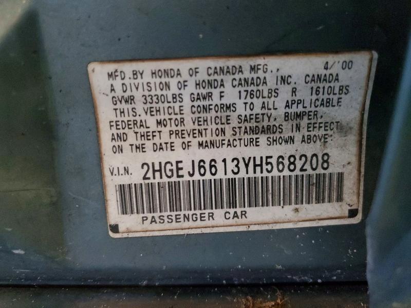 Продаж на аукціоні авто 2000 Honda Civic, vin: 2HGEJ6613YH568208, номер лоту: 67938636