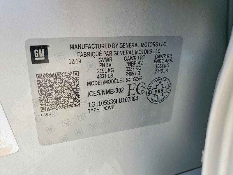 Aukcja sprzedaży 2020 Chevrolet Impala, vin: 1G1105S35LU107804, numer aukcji: 69730266