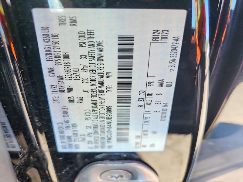70985496 :رقم المزاد ، 1FMCU0H64NUB93999 vin ، 2022 Ford Escape مزاد بيع