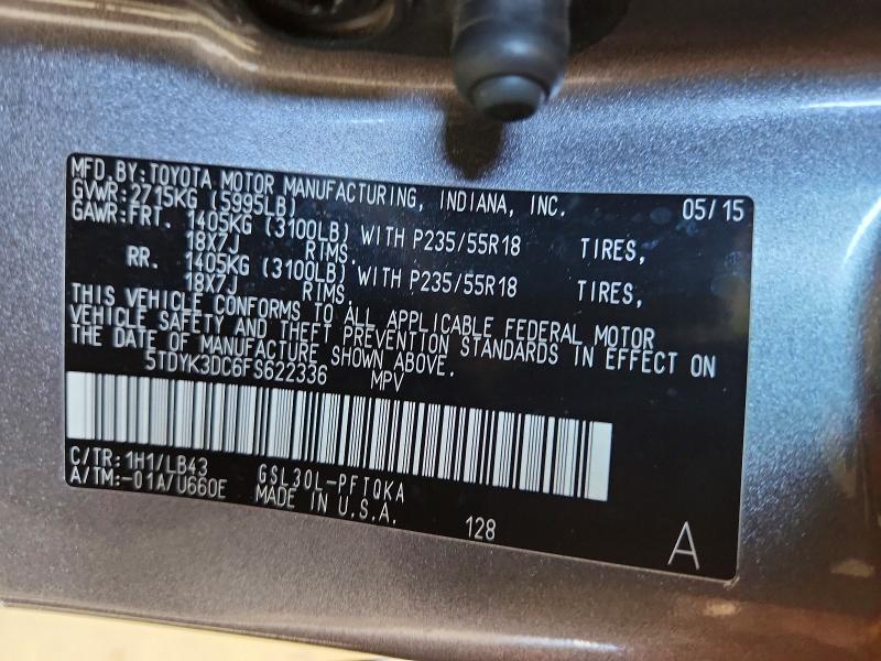 Aukcja sprzedaży 2015 Toyota Sienna, vin: 5TDYK3DC6FS622336, numer aukcji: 68651656