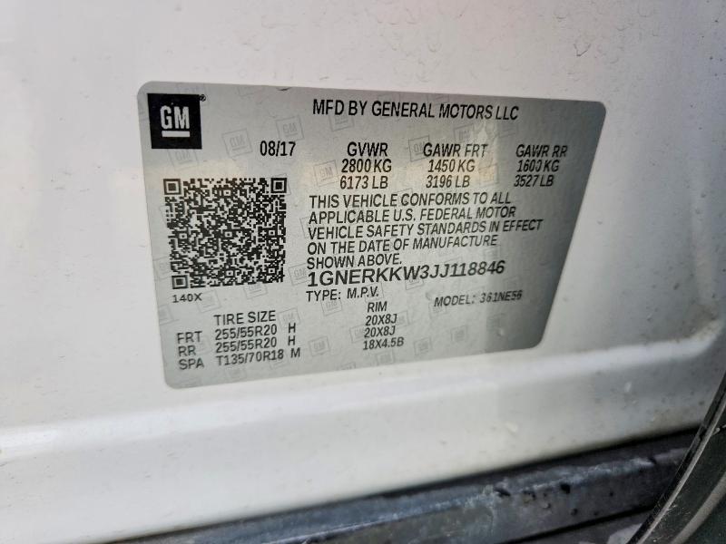 Aukcja sprzedaży 2018 Chevrolet Traverse, vin: 1GNERKKW3JJ118846, numer aukcji: 68655376