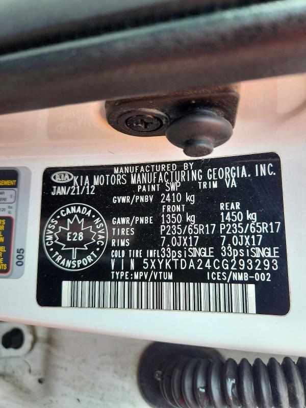 2012 Kia Sorento მანქანა იყიდება აუქციონზე, vin: 5XYKTDA24CG293293, აუქციონის ნომერი: 67467456