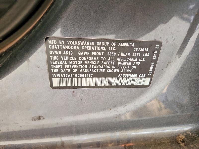 69179416 :رقم المزاد ، 1VWAT7A31GC064437 vin ، 2016 Volkswagen Passat مزاد بيع