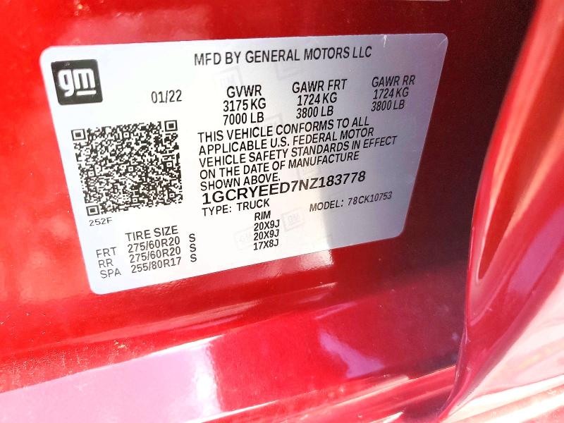Aukcja sprzedaży 2022 Chevrolet Silverado Ltd, vin: 1GCRYEED7NZ183778, numer aukcji: 66690046
