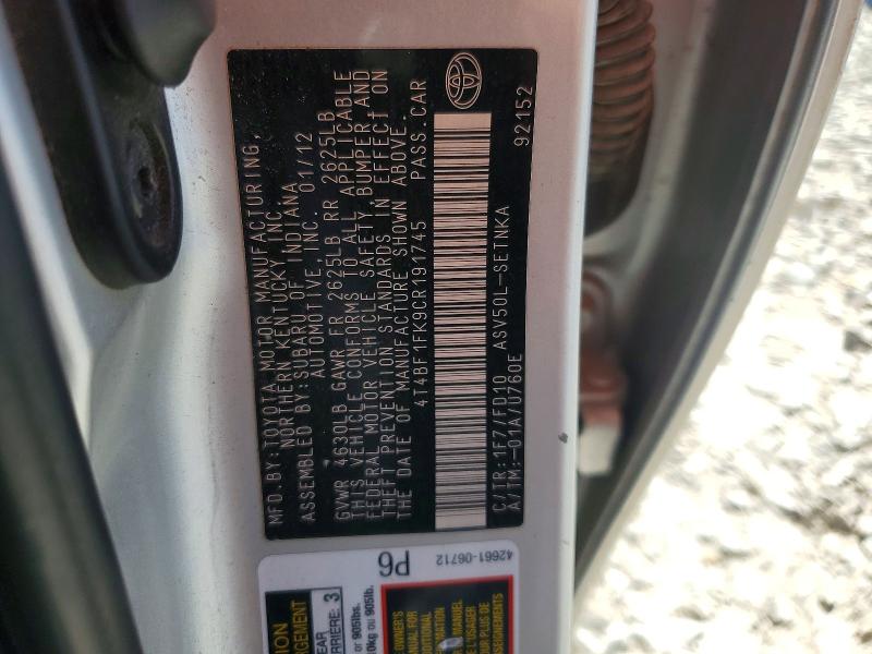 Aukcja sprzedaży 2012 Toyota Camry, vin: 4T4BF1FK9CR191745, numer aukcji: 70854086