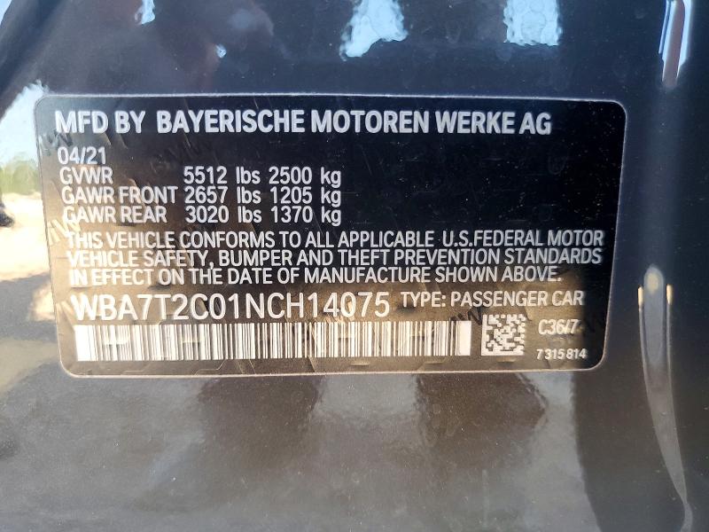 68865866 :رقم المزاد ، WBA7T2C01NCH14075 vin ، 2022 Bmw 740 مزاد بيع