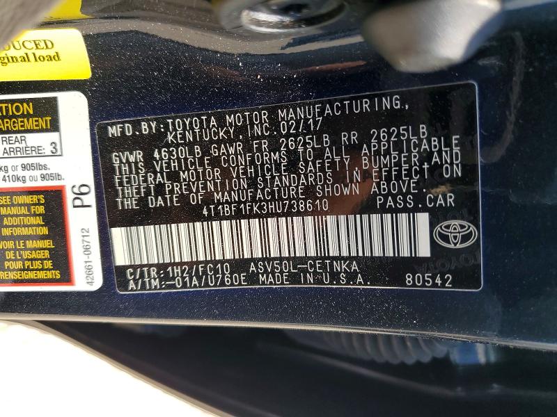 Продаж на аукціоні авто 2017 Toyota Camry, vin: 4T1BF1FK3HU738610, номер лоту: 70290486