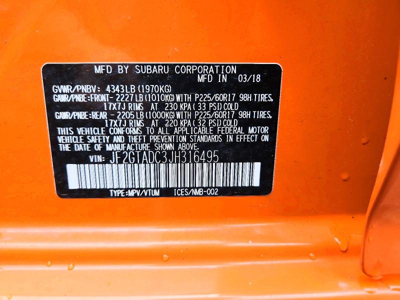 67392656 :رقم المزاد ، JF2GTADC3JH316495 vin ، 2018 Subaru Crosstrek مزاد بيع
