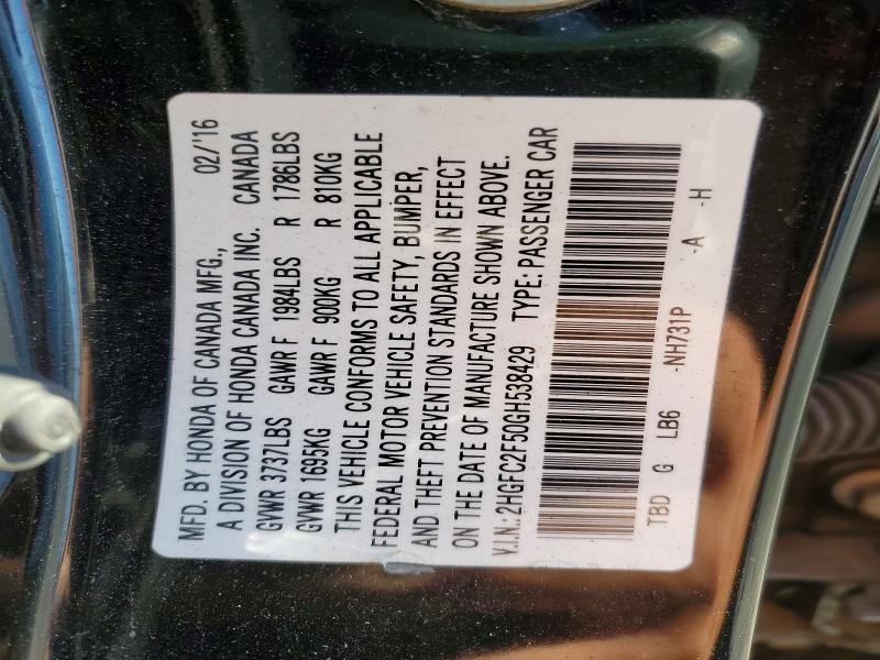 Aukcja sprzedaży 2016 Honda Civic, vin: 2HGFC2F50GH538429, numer aukcji: 69563846