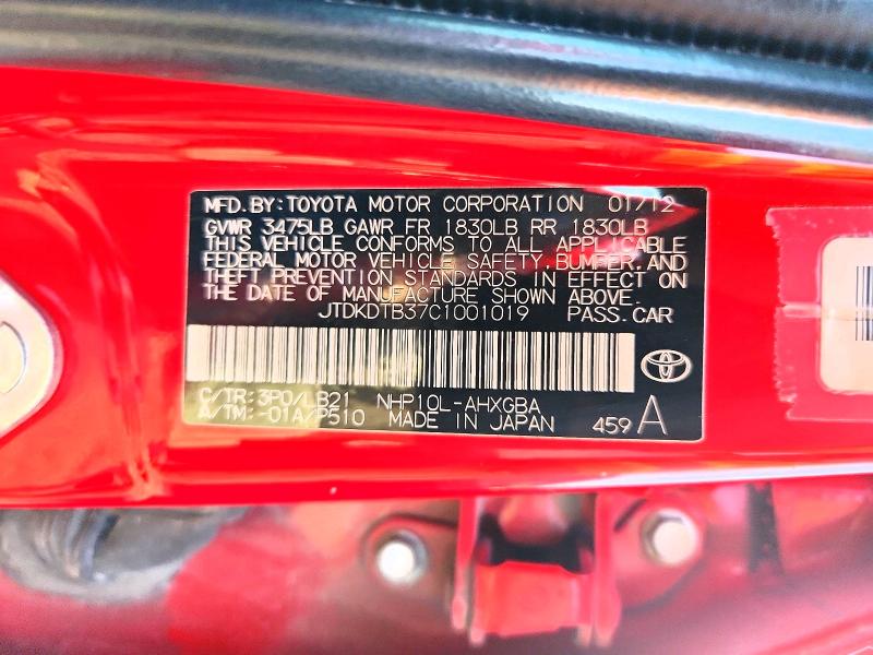 Aukcja sprzedaży 2012 Toyota Prius C, vin: JTDKDTB37C1001019, numer aukcji: 68777876