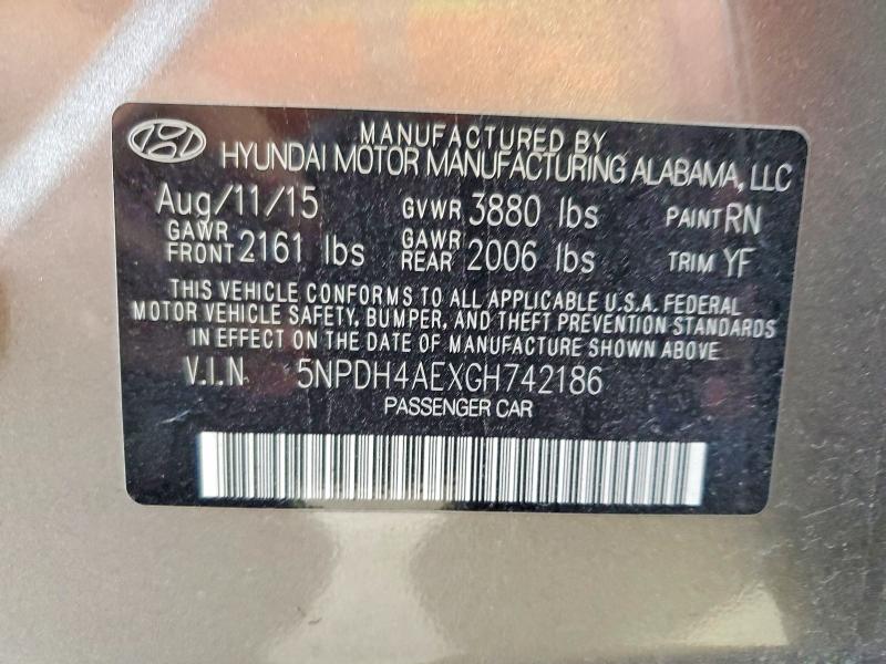 2016 Hyundai Elantra მანქანა იყიდება აუქციონზე, vin: 5NPDH4AEXGH742186, აუქციონის ნომერი: 68057096