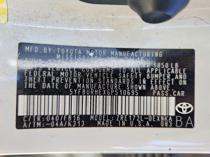 69766016 :رقم المزاد ، 5YFBURHEXGP510695 vin ، 2016 Toyota Corolla مزاد بيع