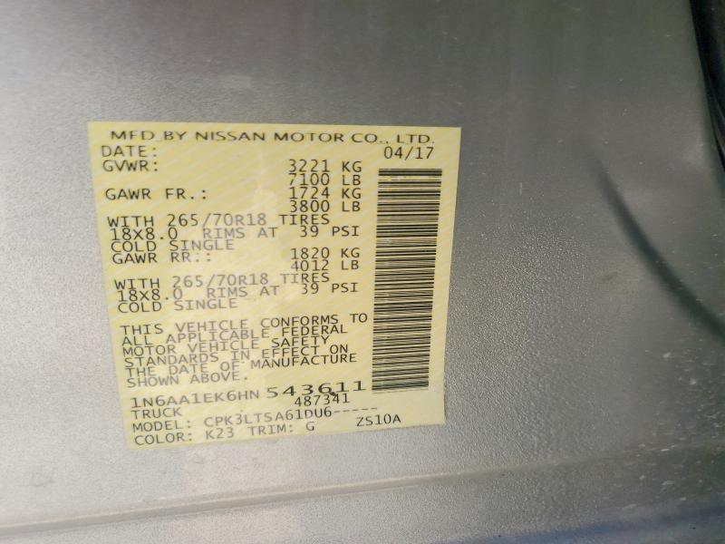 2017 Nissan Titan მანქანა იყიდება აუქციონზე, vin: 1N6AA1EK6HN543611, აუქციონის ნომერი: 70124786