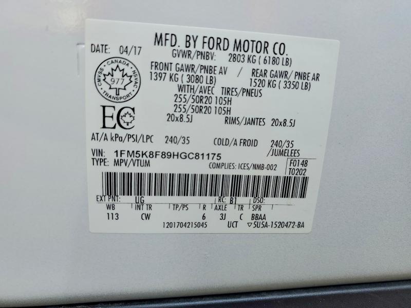 Aukcja sprzedaży 2017 Ford Explorer, vin: 1FM5K8F89HGC81175, numer aukcji: 69200276