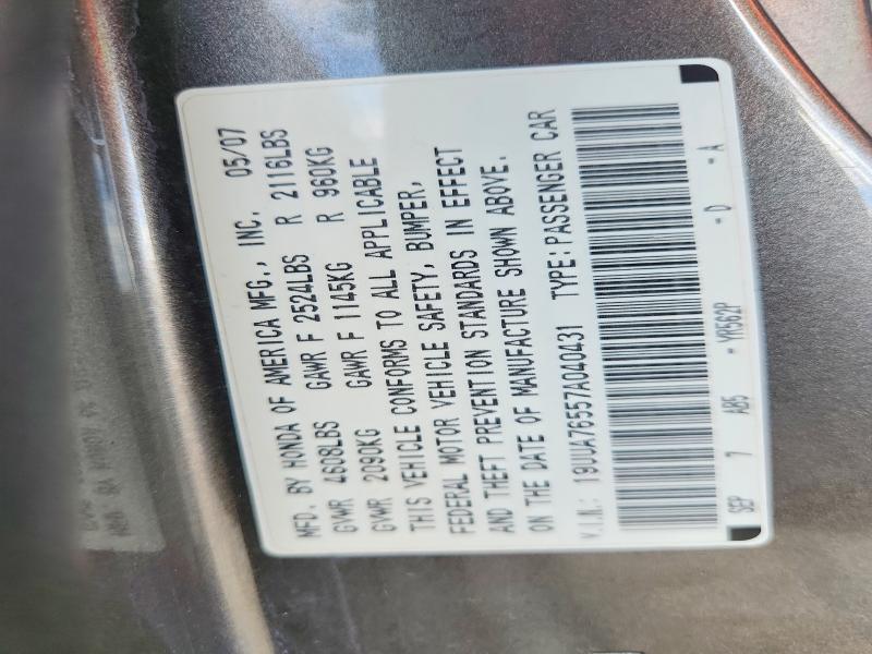Auction sale of the 2007 Acura Tl, vin: 19UUA76557A040431, lot number: 69976346